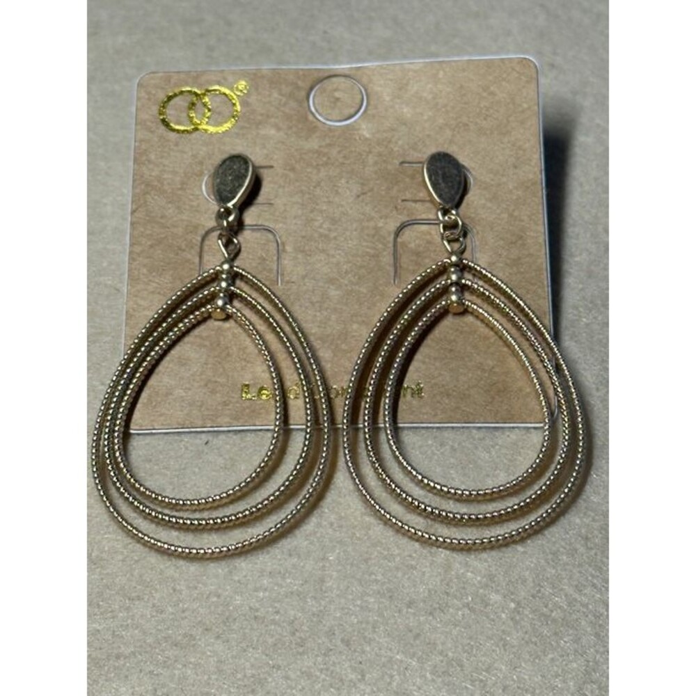 Gold Tone Triple Teardrop Hoop Dangle Earrings Boho Statement Style New